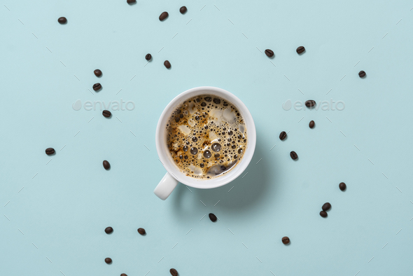 a simple classic hot cup of tea view from above, colorful background ...