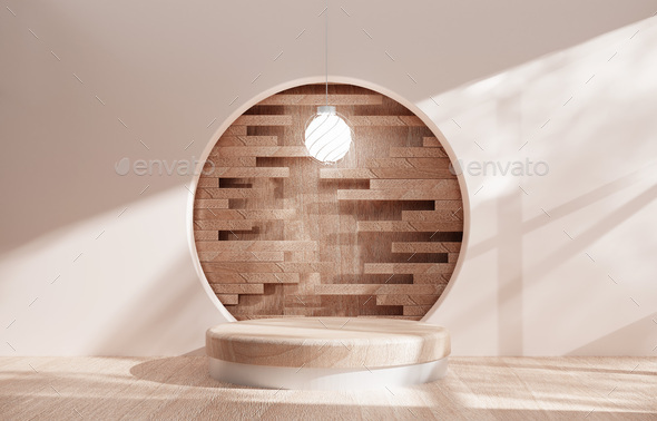 Brown wood cylinder pedestal podium with glowing ball neon lamp, 3D rendering. - Stock Photo - Images