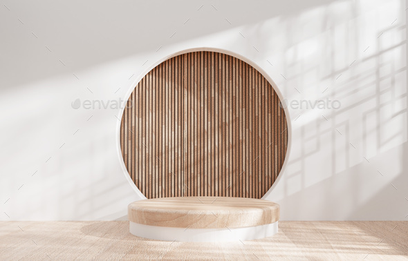 Brown wood cylinder pedestal podium with vertical wood pattern background. 3D rendering. - Stock Photo - Images