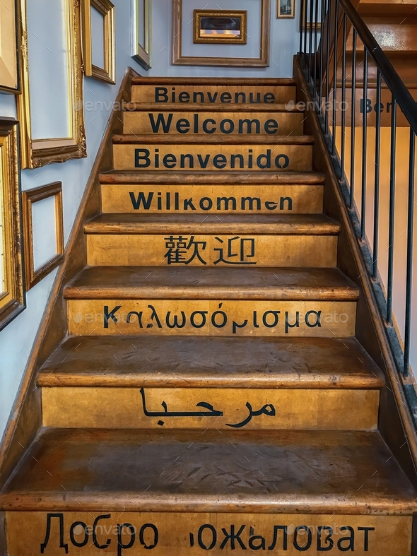 Staircase with welcome in many different languages