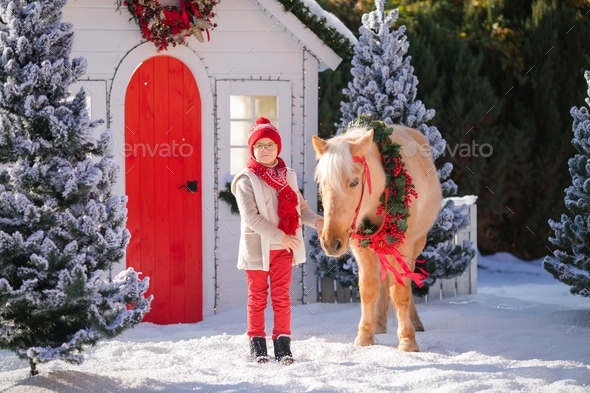 Nice boy with glasses and adorable pony with festive wreath near the small wooden house