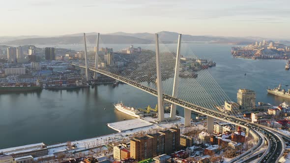 Winter View From a Drone on the Golden Bridge and the City at Sunrise alt