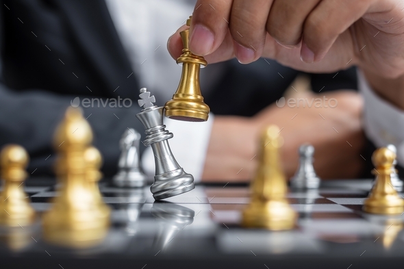 Chess figure on Chessboard against opponent or enemy. Strategy, Conflict, management