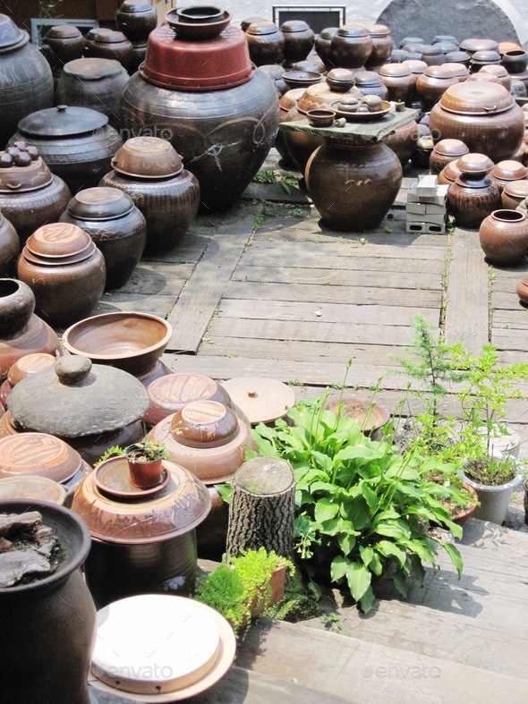 Korean kimchi jars in the front yard Stock Photo by MayFayStudio