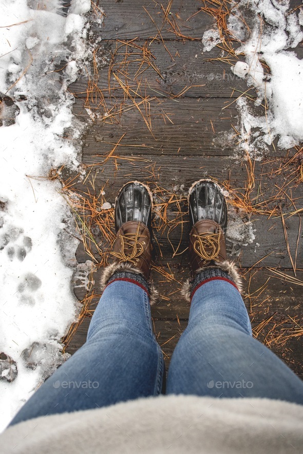 Wearing winter duck boots while on a walk