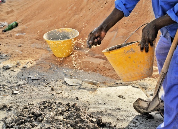 Basic Construction Ingredients Water Sand Cement Shovel Worker’s Sweat ...