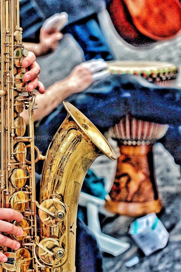 Street Music overlay concept saxophone fingers tabla drum hands