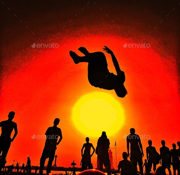 Sun jump silhouettes watching young energetic man do mid air back flips with orange ball setting sun