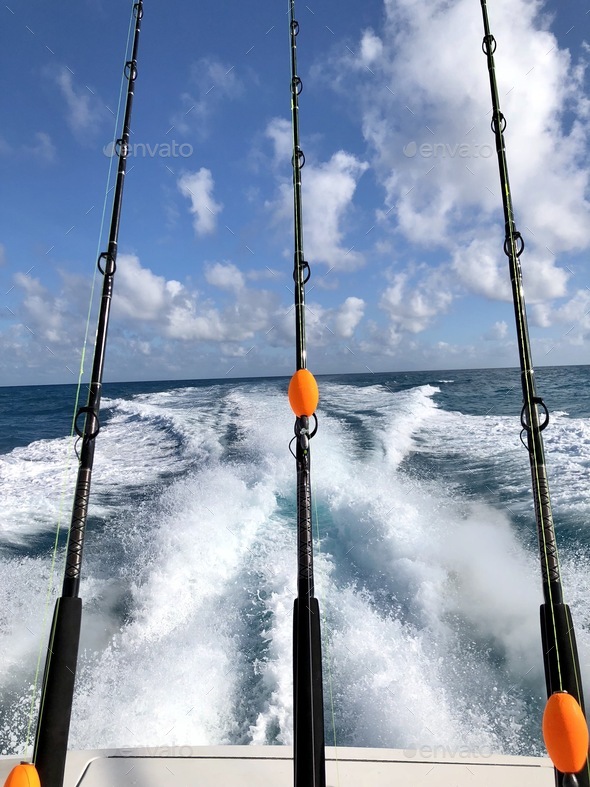 Fishing rods at the stern of the boat. Stock Photo by marisap7