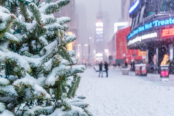 Snow fall at Times Square in Manhattan, New York.