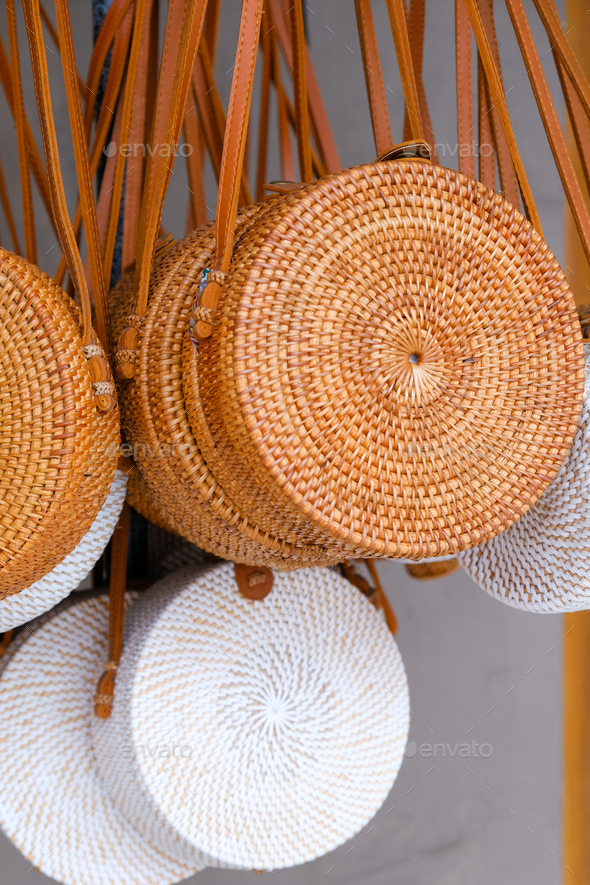 Rattan round bags at a street shop. Bali, Indonesia.