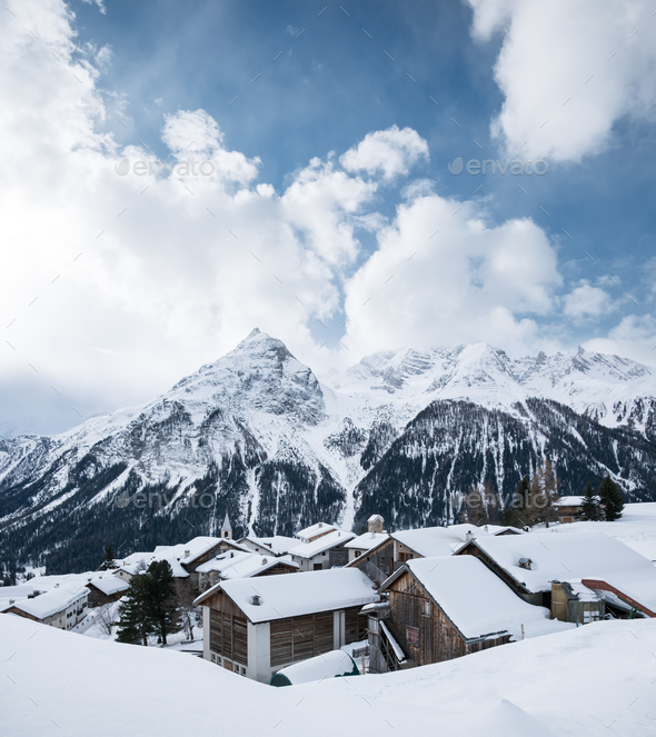 Village in the Switzerland mountain valley. Stock Photo by biletskiy