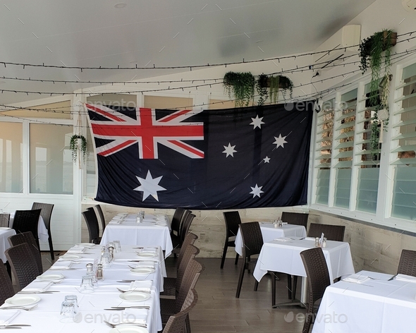 Australian flag on wall inside restaurant