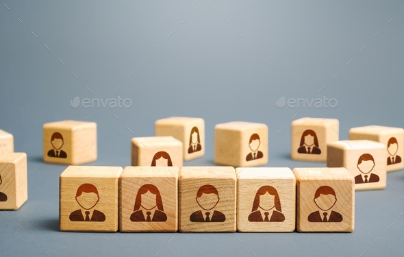 Line of blocks with employees. Building a business team from many candidates. Personnel management,