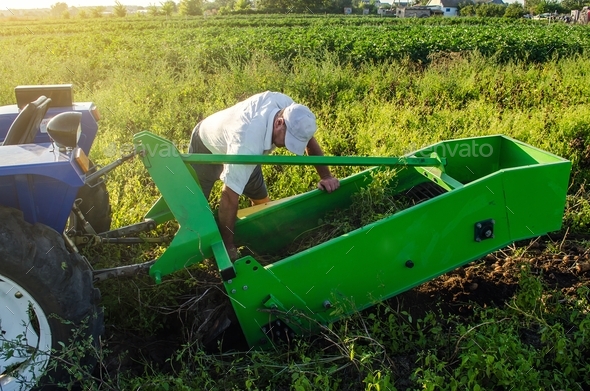 A farmer examines a machine for digging out potato root vegetables. Exploitation and maintenance of