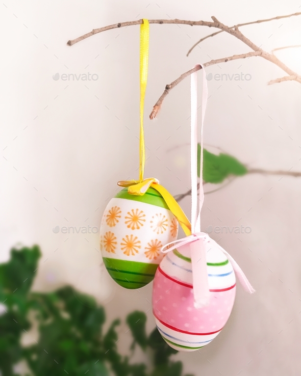 easter eggs hang on an easter tree. easter tree, Stock Photo by omosman950