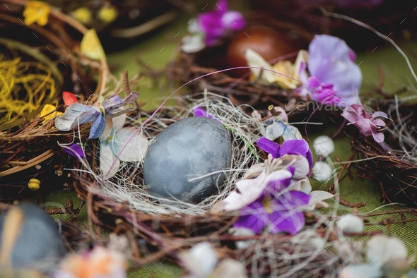 decorative easter nest made of natural materials-moss, tree branches, colorful bird feathers