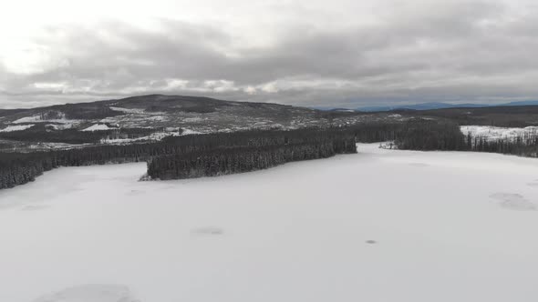Aerial Shoot of a frozen lake surrounded by pine trees in 4K alt