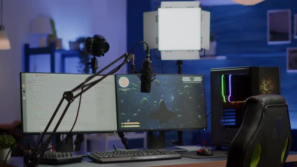 Empty Gaming Studio with RGB Led Lights Powerful Personal Computer alt