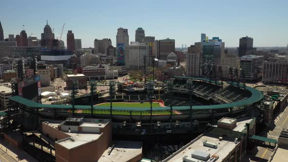 Comerica Park, home of the Detroit Tigers in Detroit, Michigan with drone video close up moving up. alt