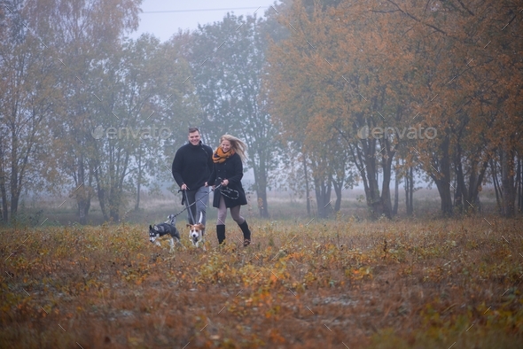 happy couple with two dogs running in misty autumn park