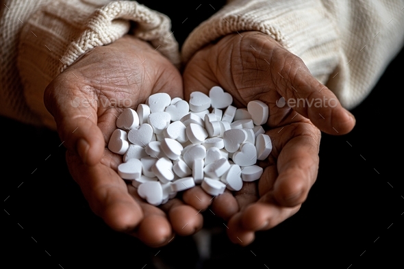 Many white pills in senior woman hands. Painful old age. Caring for health of the elderly
