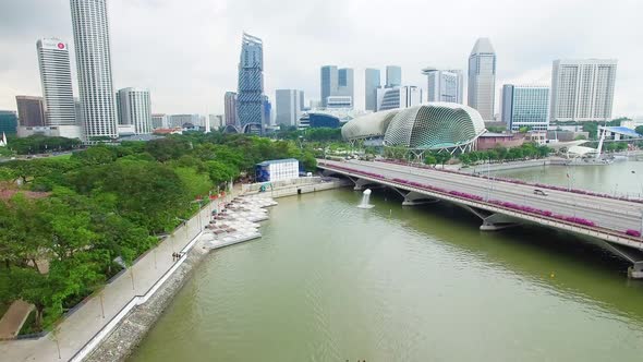 Aerial View of Singapore River Esplanade Bridge and Esplanade - Theatres on the Bay. Singapore