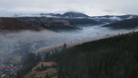 Winter Landscape Of The Carpathian Mountains In The Fog From A Bird's Eye View alt