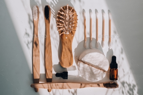 Set of eco natural bathroom accessories and cosmetics on white background. Zero waste. Plastic free.