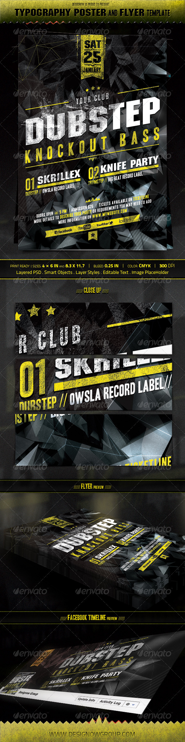 Music Knockout Bass Flyer and Poster Template - Clubs & Parties Events