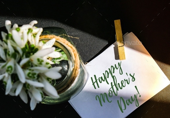 Happy Mothers Day lettering greeting card. Spring flowers snowdrop. Best mom ever. Beautiful tender