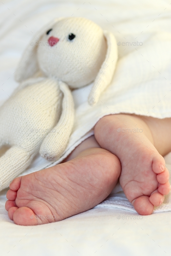 White on white. Legs of a newborn baby in a white diaper, a soft toy hare lies nearby