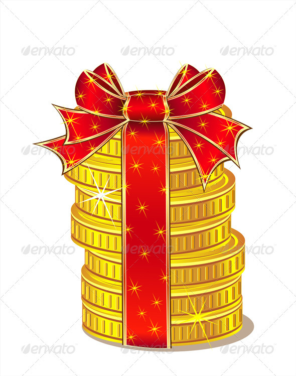Stack of Gold Coins with Ribbon and Bow - Business Conceptual