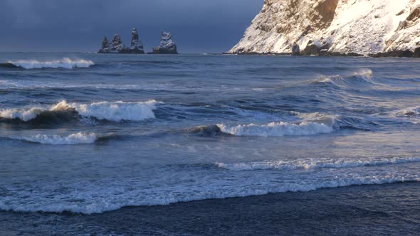 Iceland Vik Ocean View Revealing Basalt Rock Formations In Winter 1