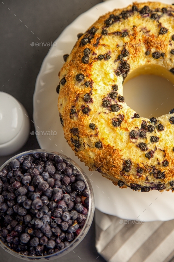Round pie. Blueberry casserole with cottage cheese top view. Food on