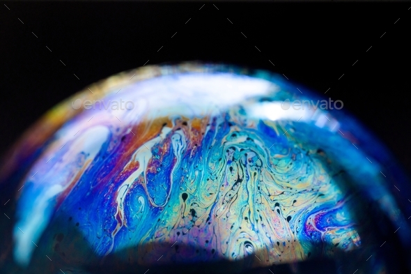 Bubble world. Abstract pattern, texture inside of the soap bubble, macro photography.