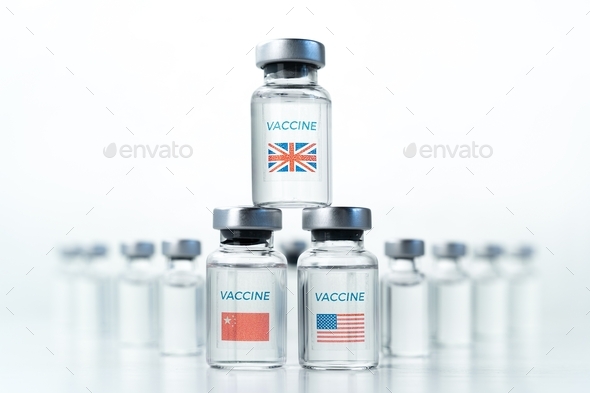 Transparent vials with USA, UK, China flag. New vaccine for covid-19 coronavirus, flu,infectious dis