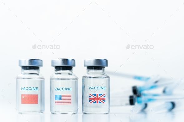 Transparent vials with USA, UK, China flag. Vaccine, syringe for covid-19 coronavirus, flu,infectiou