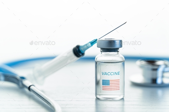 Transparent vial with USA,american flag.Vaccine for covid-19 coronavirus, flu,infectious diseases.Ph