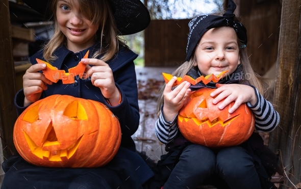 Little girls make jack-o-lantern from big pumpkins for celebratiion of ...