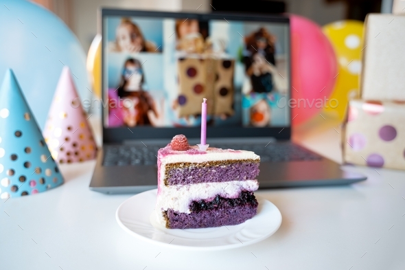 Kids virtual birthday,home party.Piece of cake with candle.Online conference,video call in laptop,co