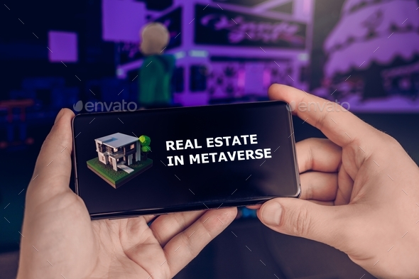 Russia Moscow 19.01.2022 Logo of metaverse. Investing in digital universe, real estate. Buy land in
