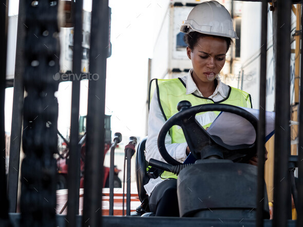 Engineer foreman staff employee white hardhat helmet sit forklift driver female woman lady black ski