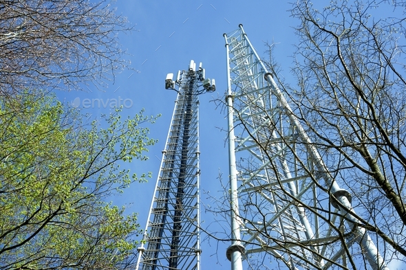 Telecommunication and cell tower, 4G and 5G radio network telecommunication equipment. - Stock Photo - Images