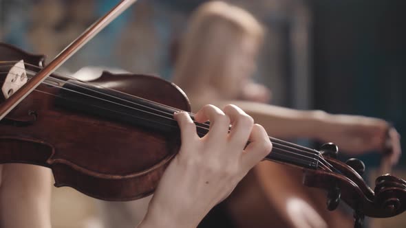 A beautiful girl plays the violin. Duet. The orchestra. Violin and cello.