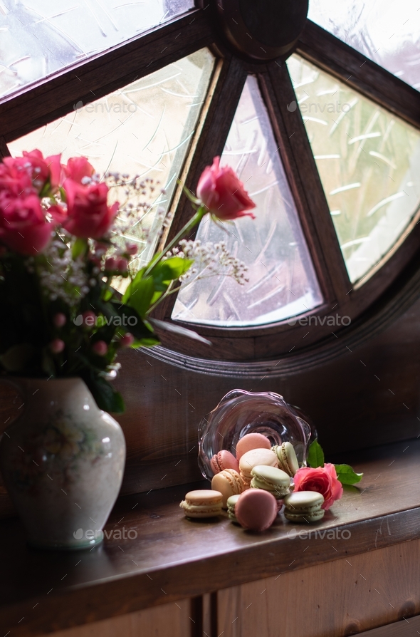flowers and macaroons, pink roses, colorful macaroons, retro still life