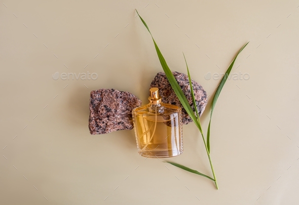 cosmetic natural spray in a glass transparent bottle among natural stones and green blade of grass.