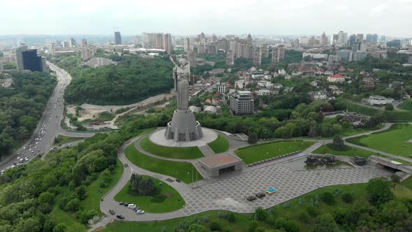 The Motherland monument (Batkivschyna-maty) aerial view