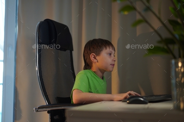 Cute caucasian boy playing video game at desktop computer at home - Stock Photo - Images