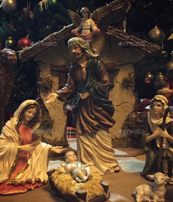 The holy family witness the birth of Jesus the Christ in this nativity